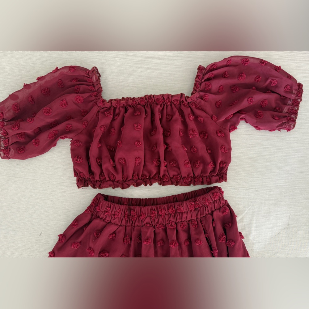 Burgundy Puff Sleeve Crop Top and skirt set